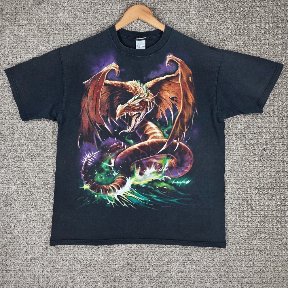 Vintage 1999 Liquid Blue Dragon Graphic T-Shirt Mens XL Black Double Sided Faded